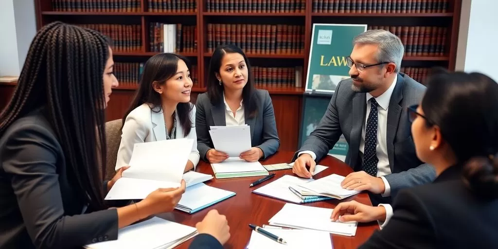 Diverse professionals discussing legal documents in a modern office.