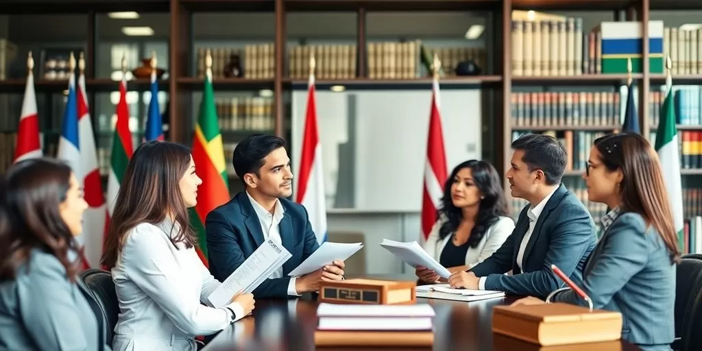Diverse legal team discussing translation services in office.