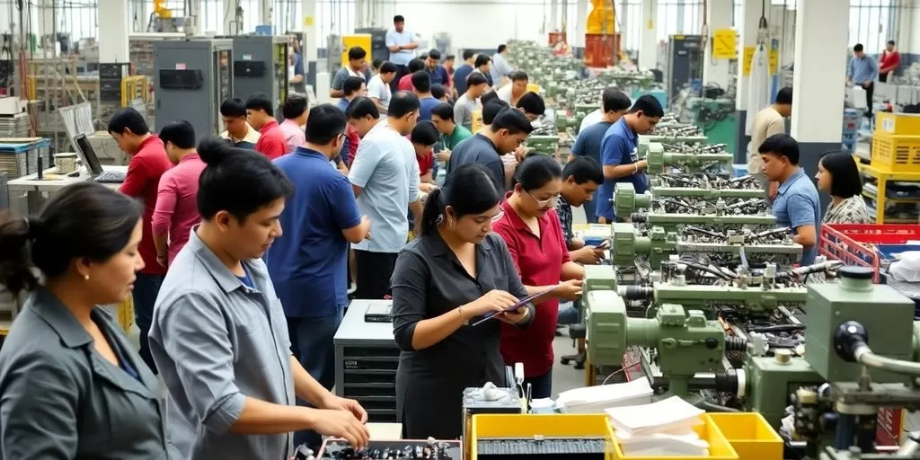Diverse workers in a busy manufacturing facility collaborating.