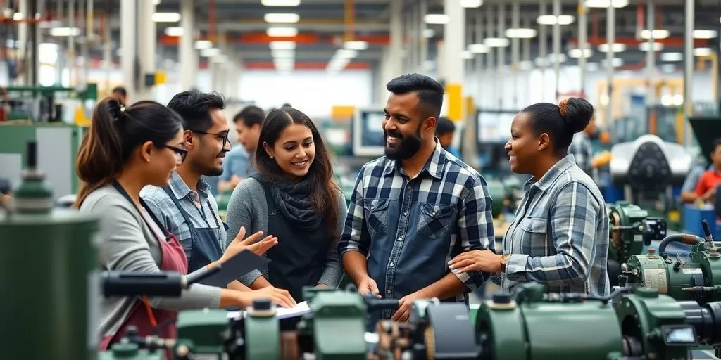 Diverse workers collaborating in a busy manufacturing facility.