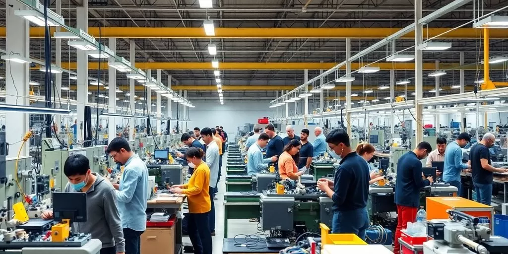 Diverse workers collaborating in a manufacturing facility.