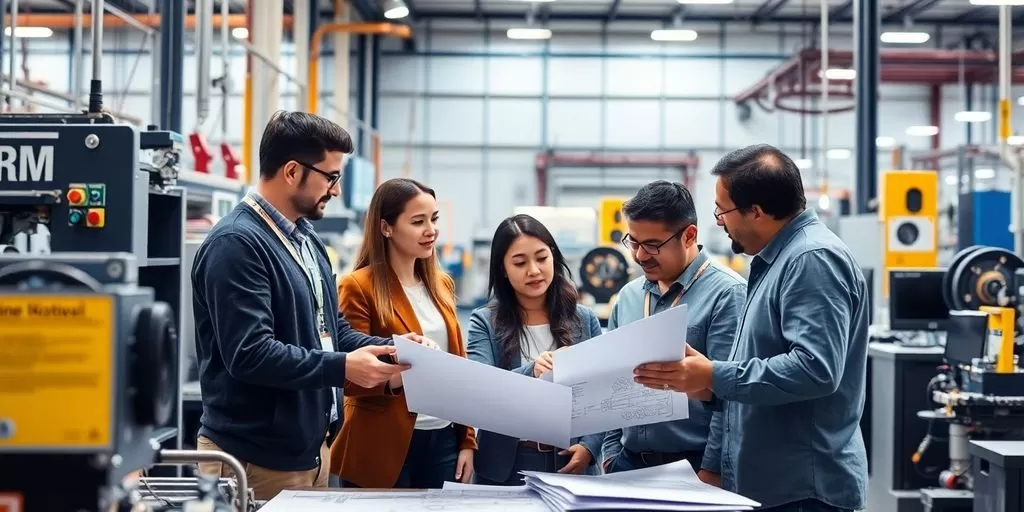 Diverse team collaborating in a modern manufacturing environment.