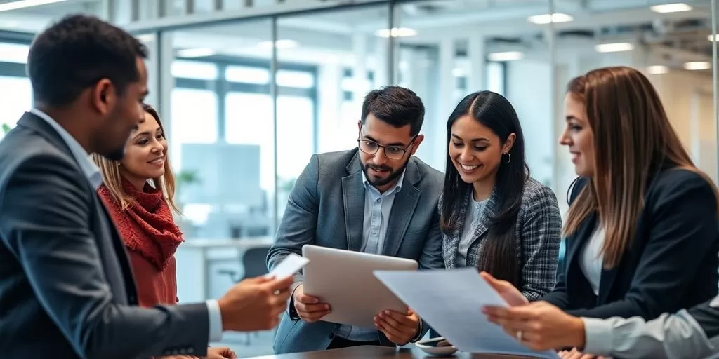 Diverse professionals collaborating in a modern office setting.