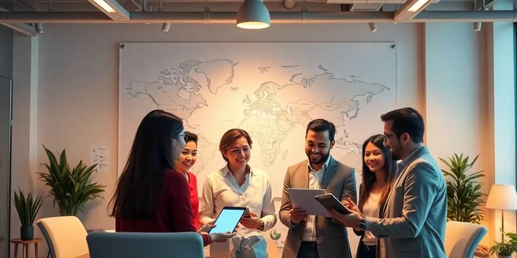 Diverse professionals collaborating in a modern office setting.