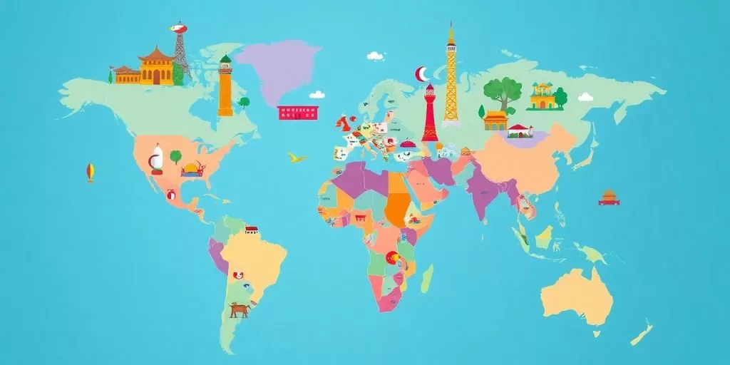 Global map with cultural symbols illustrating translation services.