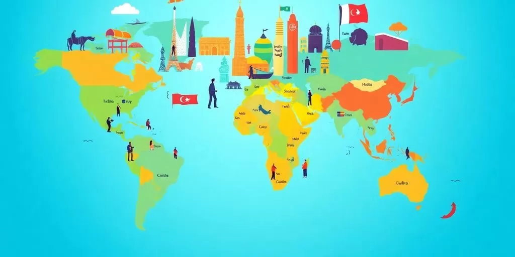 Diverse people connecting over a colorful global map.