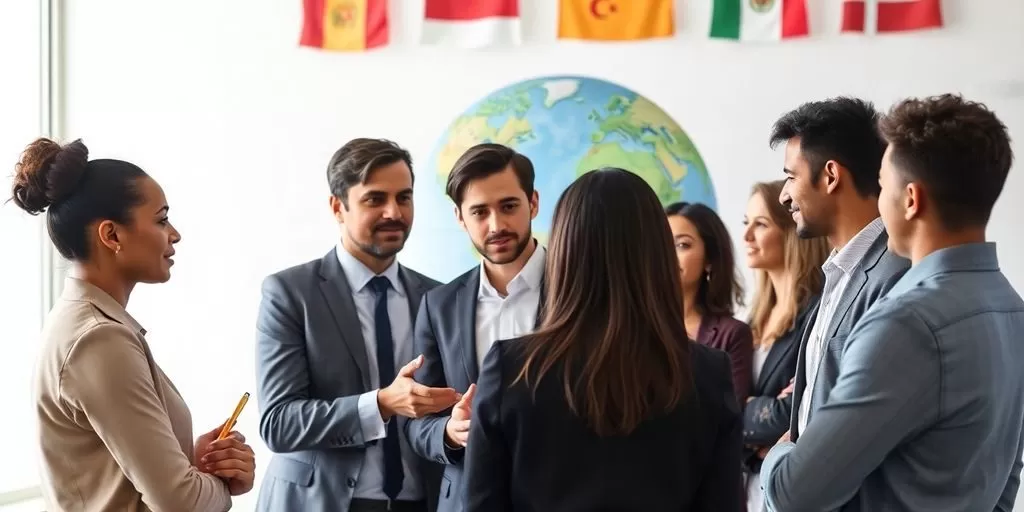Diverse professionals discussing global marketing strategies with a globe.