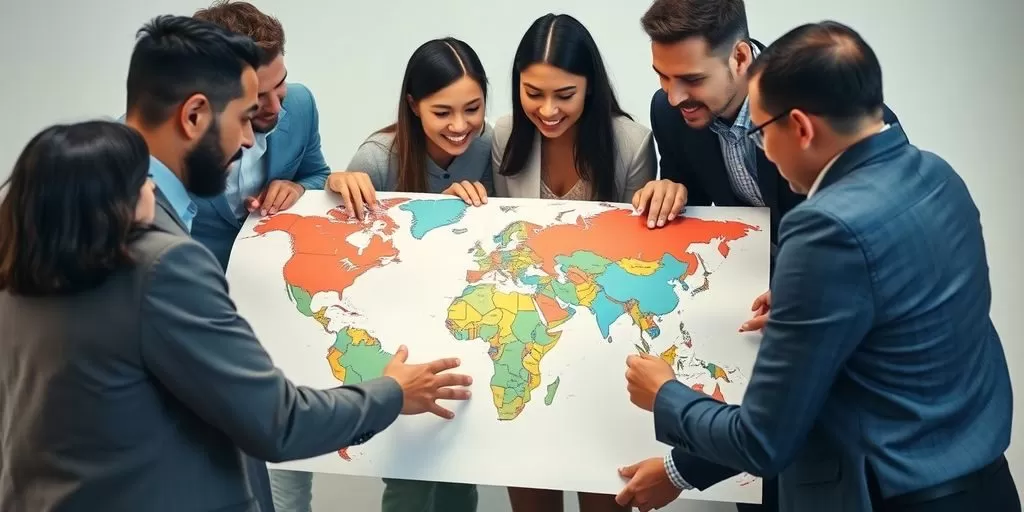 Diverse team collaborating on global marketing strategies.