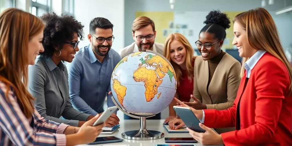 Diverse professionals collaborating around a globe in an office.