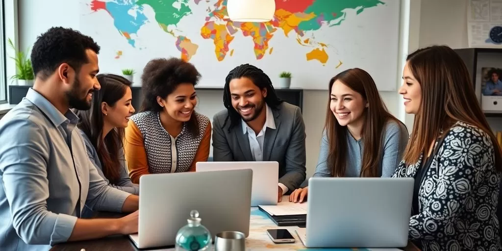 Professionals collaborating on global marketing strategies in an office.