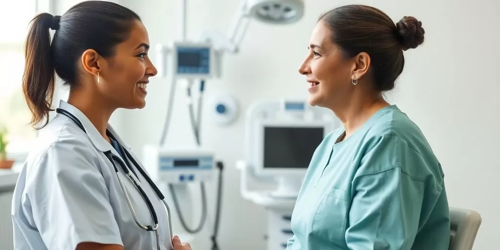 Healthcare professional and patient interacting in a medical setting.