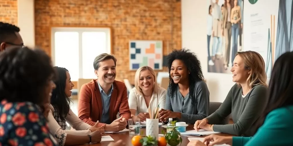Diverse team collaborating to overcome language barriers.