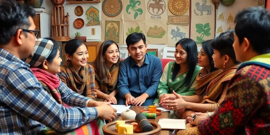 Diverse people collaborating in a cultural discussion setting.
