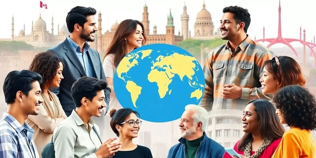 Diverse people engaging in conversation, emphasizing global unity.