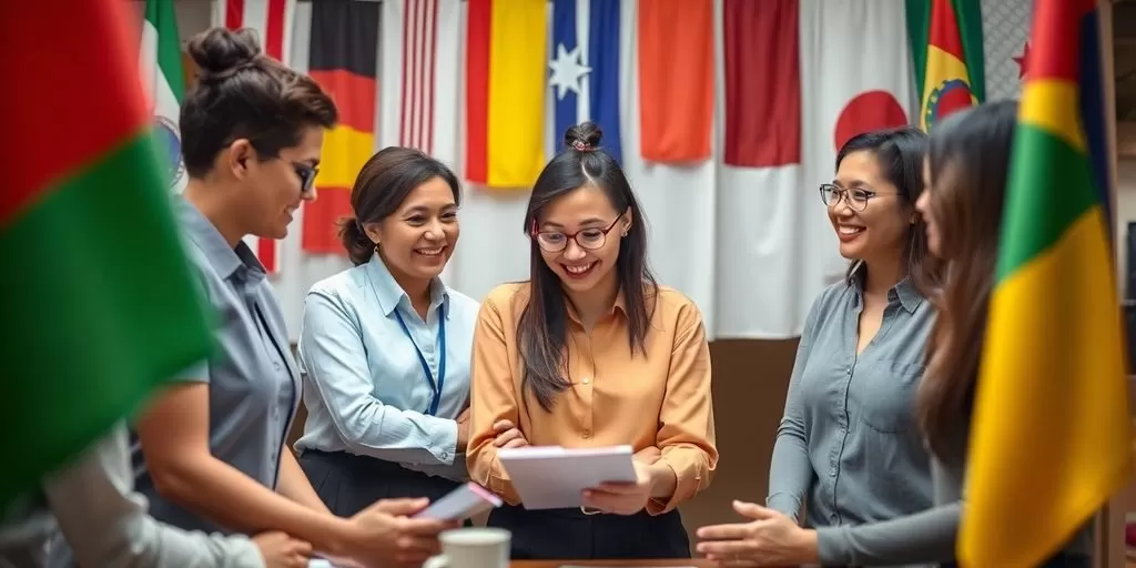 Diverse nonprofit team collaborating with international flags around them.