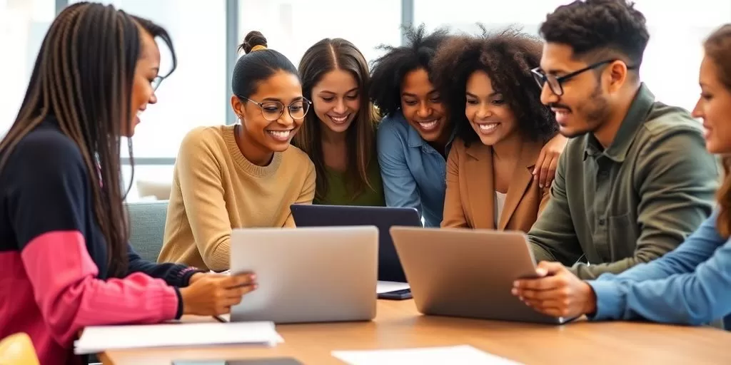 Diverse team working together in a bright office.