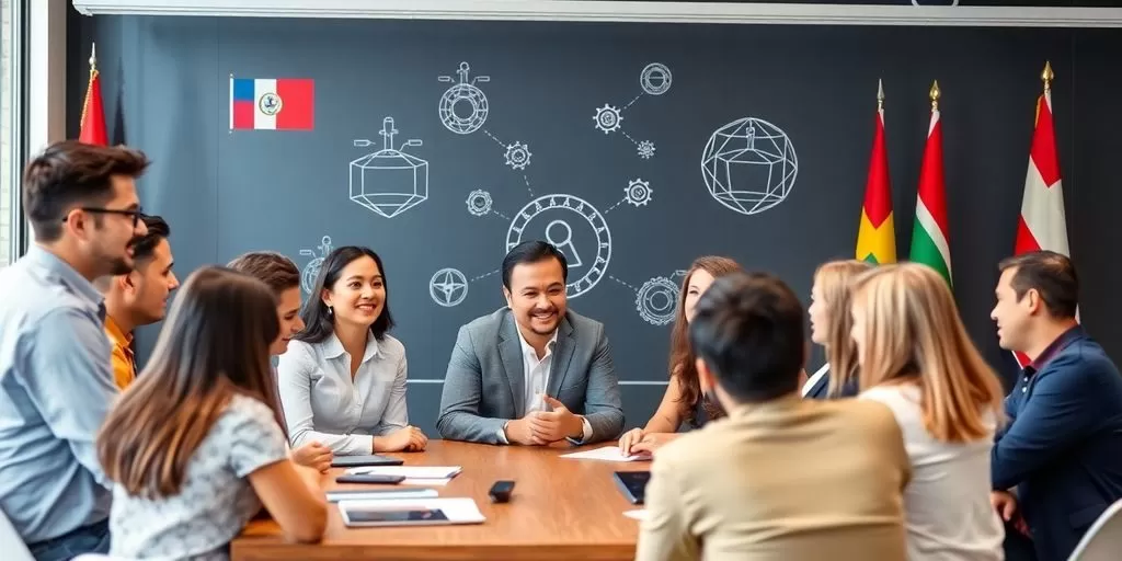 Diverse professionals collaborating in a vibrant meeting space.