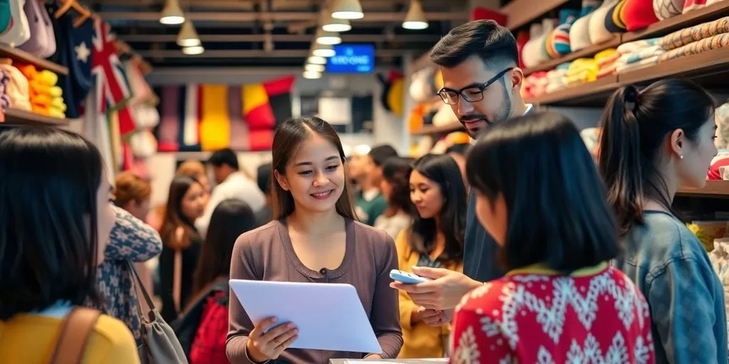 Retail staff assisting diverse customers with translation tools.