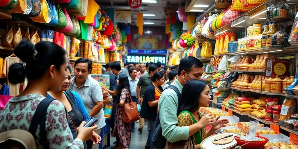 Diverse shoppers interacting in a vibrant retail environment.
