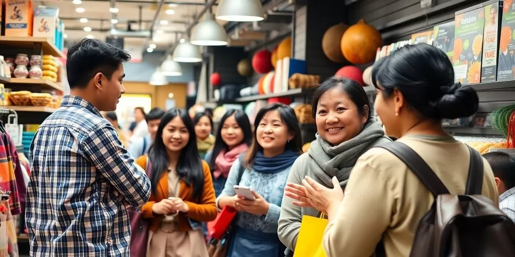 Diverse shoppers interacting in a multicultural retail setting.