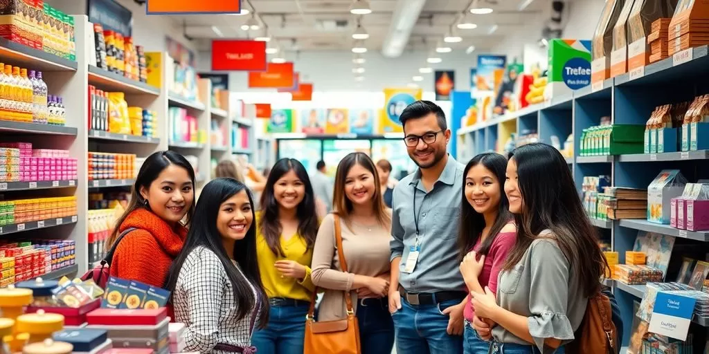 Diverse customers and staff in a vibrant retail store.