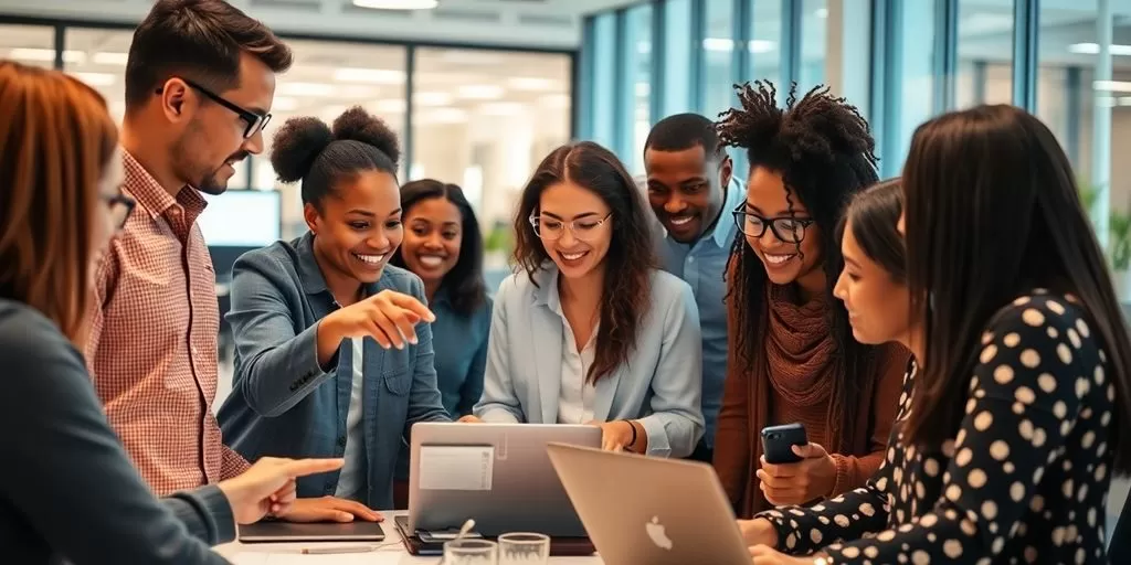 Diverse professionals collaborating in a modern office environment.