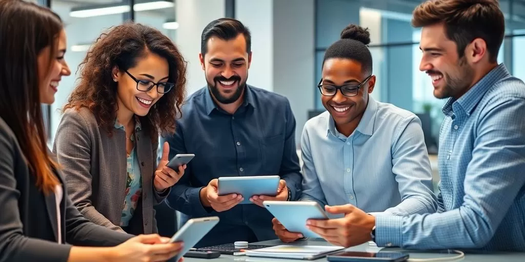 Diverse professionals collaborating in a tech office setting.