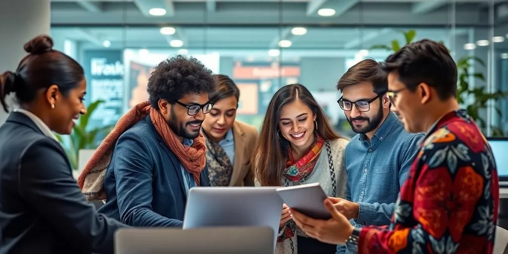 Diverse professionals collaborating in a modern office setting.