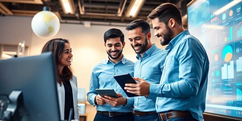 Diverse professionals collaborating in a modern tech environment.
