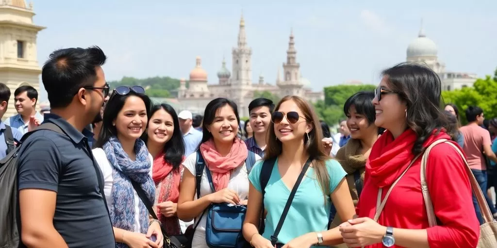 Diverse tourists enjoying a scenic travel experience together.