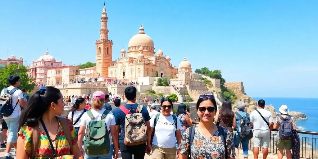 Diverse tourists enjoying a beautiful travel destination together.