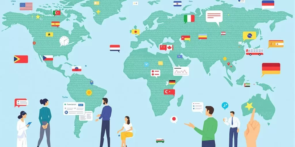 Diverse professionals discussing translation services with global elements.
