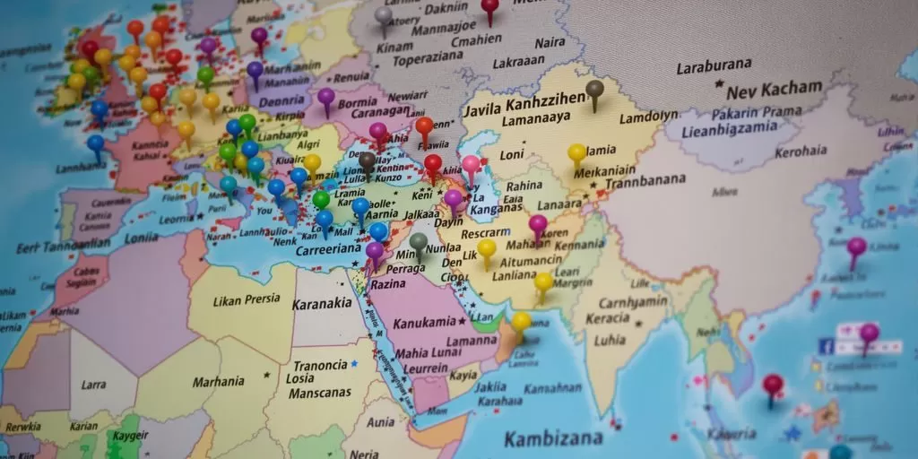 World map with colorful language markers for translation services.