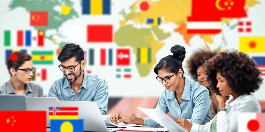 Diverse translators collaborating in a vibrant office setting.