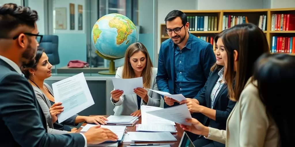 Professionals discussing translation services in a modern office.