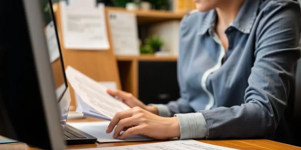Professional translator at work with documents and computer.