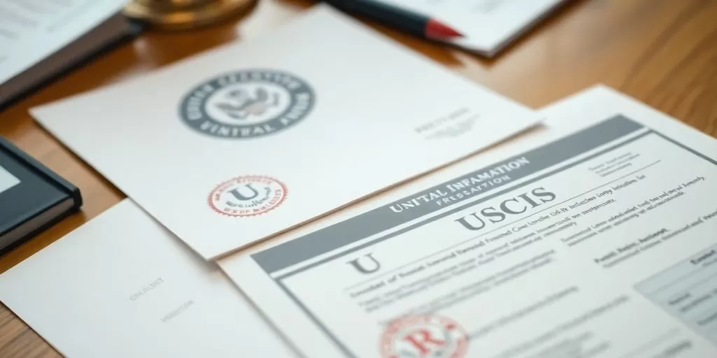 Close-up of important USCIS translation documents on desk.