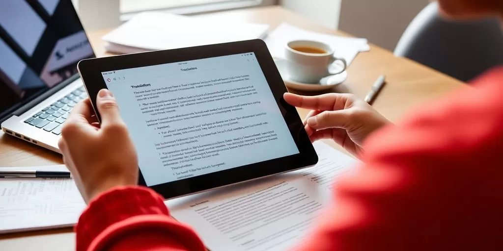 Person using translation app in a bright workspace