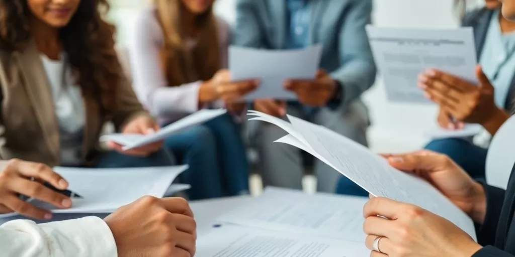 Diverse group translating documents in a professional setting.