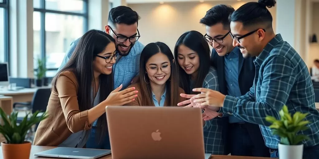 Diverse professionals collaborating on website translation services.