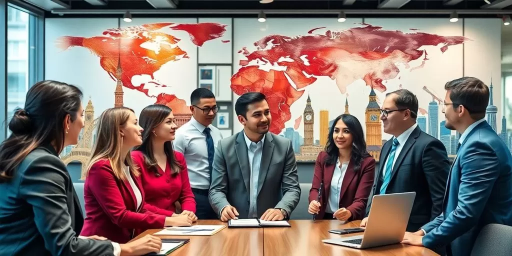 Diverse professionals discussing over world landmarks in office.