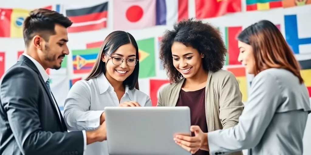 Group of professionals working together with international flags.